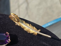18k gold & platinum two tone diamond feather brooch pin - French hallmarks