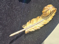 18k gold & platinum two tone diamond feather brooch pin - French hallmarks