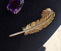 18k gold & platinum two tone diamond feather brooch pin - French hallmarks