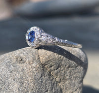 platinum Deco c.1920's filigree blue sapphire and diamond estate ring