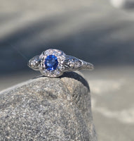 platinum Deco c.1920's filigree blue sapphire and diamond estate ring