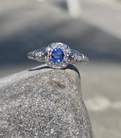 platinum Deco c.1920's filigree blue sapphire and diamond estate ring