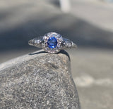 platinum Deco c.1920's filigree blue sapphire and diamond estate ring