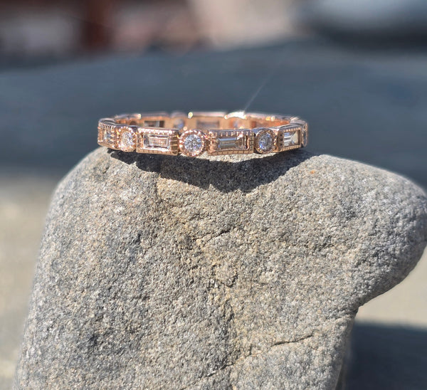 14k rose gold 2.2mm round and baguette diamond eternity band - size 7.5 NEW