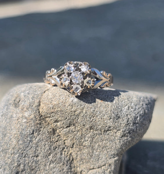 10k gold old mine and rose cut diamond antique cluster ring
