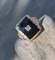 10k gold vintage Deco onyx diamond ring