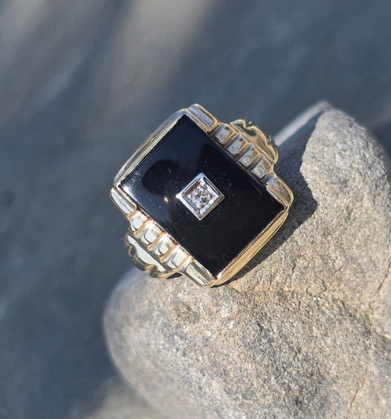 10k gold vintage Deco onyx diamond ring
