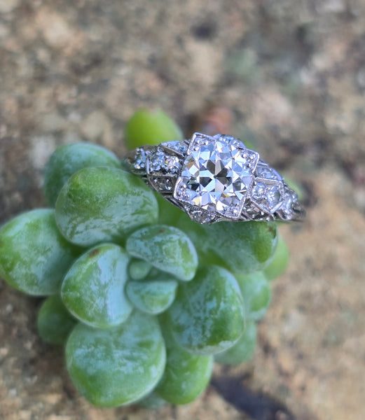 Platinum Art Deco c.1920's .87ct European cut diamond filigree antique engagement wedding ring
