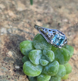 18k white gold blue zircon filigree BELAIS c.1920's ring