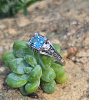 18k white gold blue zircon filigree BELAIS c.1920's ring