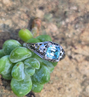 18k white gold blue zircon filigree BELAIS c.1920's ring