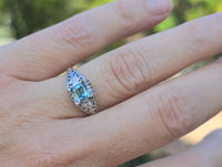 18k white gold blue zircon filigree BELAIS c.1920's ring