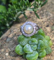 platinum Edwardian pearl and old cut diamond antique halo ring HOLD