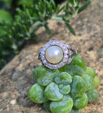 platinum Edwardian pearl and old cut diamond antique halo ring HOLD