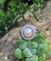 platinum Edwardian pearl and old cut diamond antique halo ring HOLD