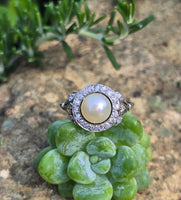 platinum Edwardian pearl and old cut diamond antique halo ring HOLD