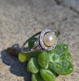 platinum Edwardian pearl and old cut diamond antique halo ring HOLD