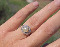platinum Edwardian pearl and old cut diamond antique halo ring HOLD