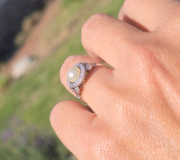 platinum Edwardian pearl and old cut diamond antique halo ring HOLD