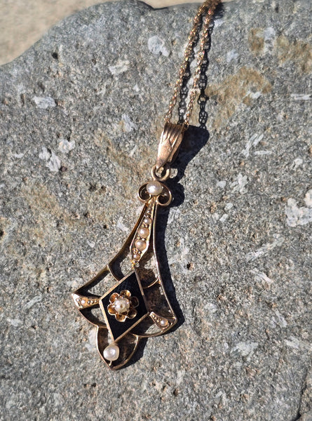 10k gold Victorian enamel and pearl necklace pendant lavaliere
