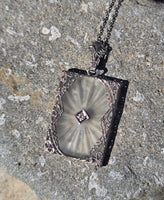 14k white gold Deco c.1920's etched camphor & diamond pendant necklace