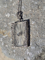 14k white gold Deco c.1920's etched camphor & diamond pendant necklace