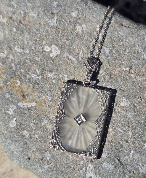 14k white gold Deco c.1920's etched camphor & diamond pendant necklace