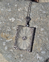 14k white gold Deco c.1920's etched camphor & diamond pendant necklace