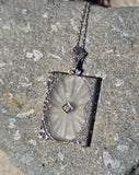 14k white gold Deco c.1920's etched camphor & diamond pendant necklace