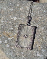 14k white gold Deco c.1920's etched camphor & diamond pendant necklace