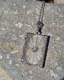 14k white gold Deco c.1920's etched camphor & diamond pendant necklace