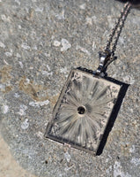 14k white gold Deco c.1920's etched camphor & diamond pendant necklace