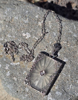 14k white gold Deco c.1920's etched camphor & diamond pendant necklace