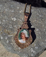 10k Victorian hand painted enamel lady necklace locket mourning pendant lavaliere