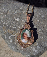 10k Victorian hand painted enamel lady necklace locket mourning pendant lavaliere