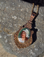 10k Victorian hand painted enamel lady necklace locket mourning pendant lavaliere