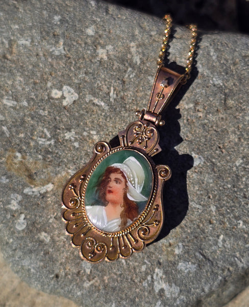 10k Victorian hand painted enamel lady necklace locket mourning pendant lavaliere