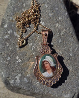 10k Victorian hand painted enamel lady necklace locket mourning pendant lavaliere