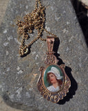 10k Victorian hand painted enamel lady necklace locket mourning pendant lavaliere