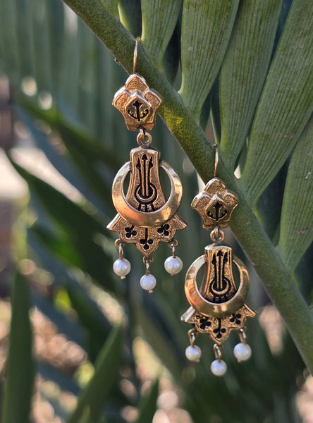14k gold Victorian enamel and pearl earrings