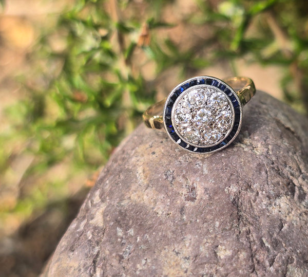 platinum & 18K gold two tone Art Deco diamond and sapphire antique target ring HOLD