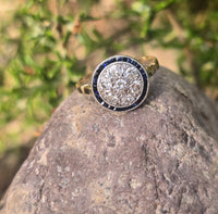 platinum & 18K gold two tone Art Deco diamond and sapphire antique target ring HOLD
