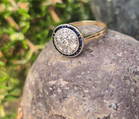 platinum & 18K gold two tone Art Deco diamond and sapphire antique target ring HOLD