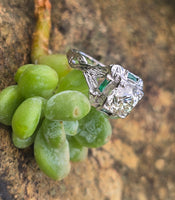 Platinum Art Deco c.1920's .1.50ct European cut diamond and emerald filigree antique engagement wedding ring - GIA certified
