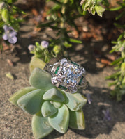 Platinum Art Deco c.1920's .1.50ct European cut diamond and emerald filigree antique engagement wedding ring - GIA certified