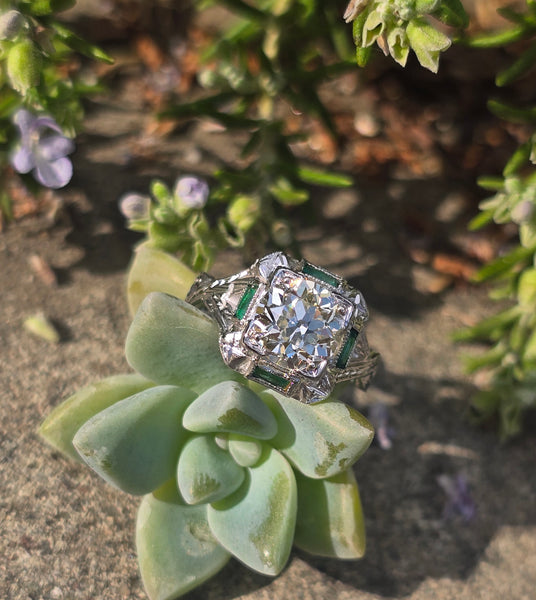 Platinum Art Deco c.1920's .1.50ct European cut diamond and emerald filigree antique engagement wedding ring - GIA certified