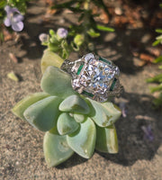 Platinum Art Deco c.1920's .1.50ct European cut diamond and emerald filigree antique engagement wedding ring - GIA certified