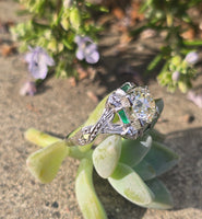Platinum Art Deco c.1920's .1.50ct European cut diamond and emerald filigree antique engagement wedding ring - GIA certified
