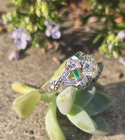 Platinum Art Deco c.1920's .1.50ct European cut diamond and emerald filigree antique engagement wedding ring - GIA certified