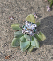 Platinum Art Deco c.1920's .1.50ct European cut diamond and emerald filigree antique engagement wedding ring - GIA certified